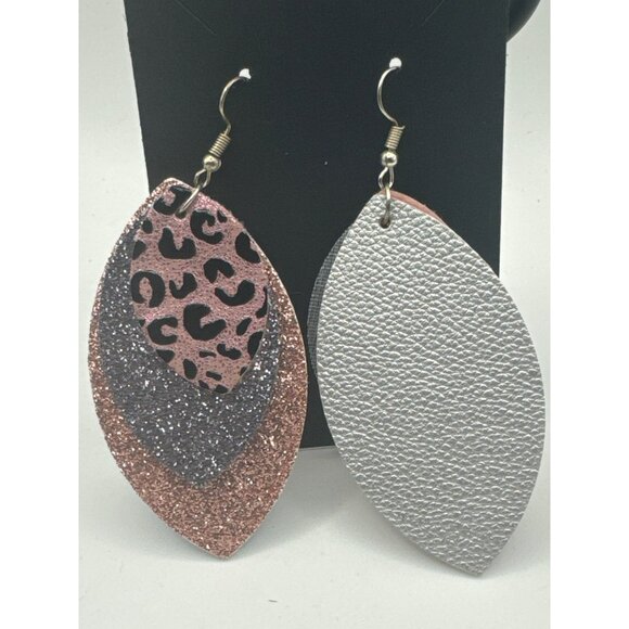 Layered Glitter & Leopard Print Faux Leather Teardrop Earrings - Picture 3 of 4